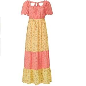 COLOR ME COURTNEY Yellow Pink Ditsy Flower Printed Cece Maxi Dress Size 10